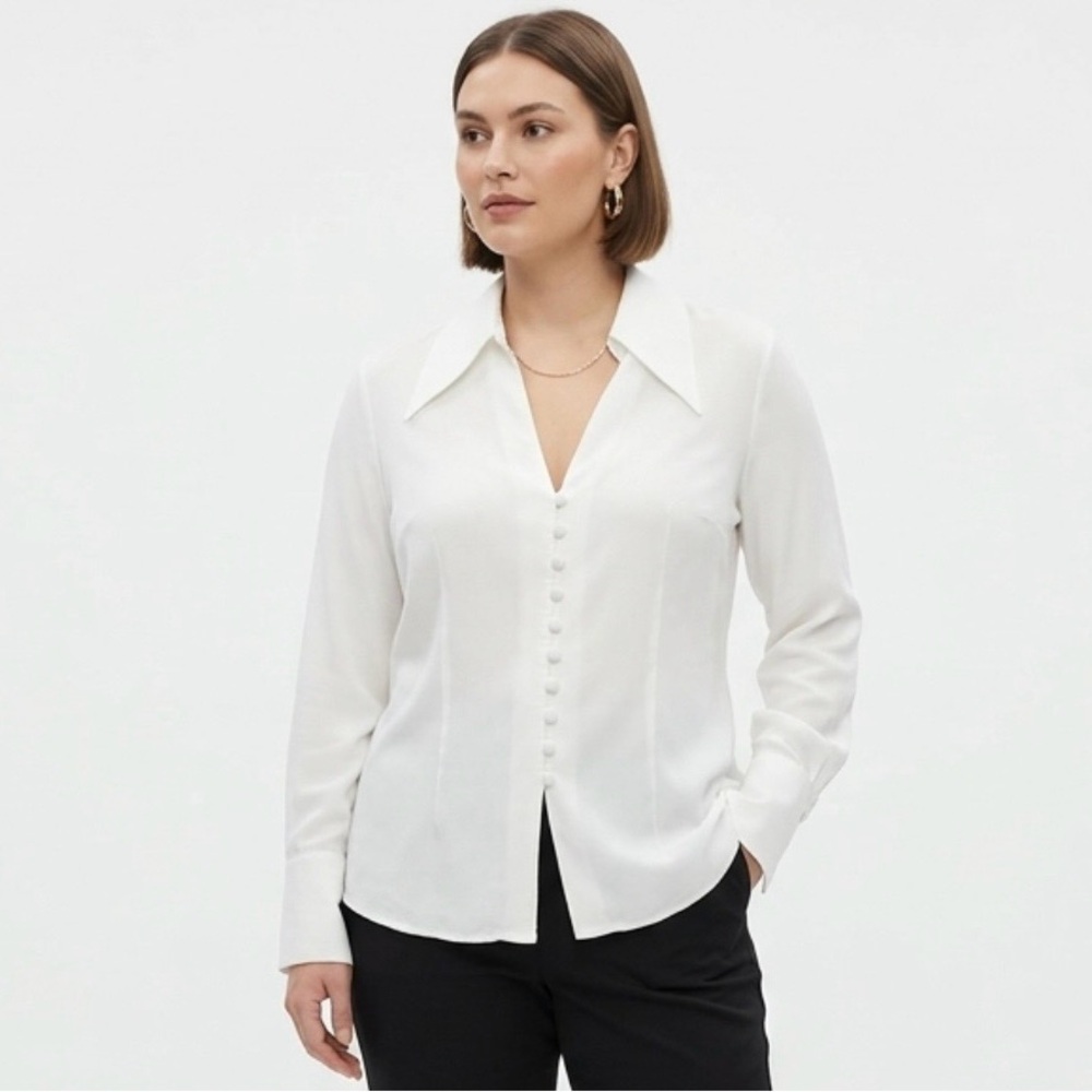 SETRE White Viscose Button Front Blouse Size US 10 XL Long Sleeve Sharp Collar